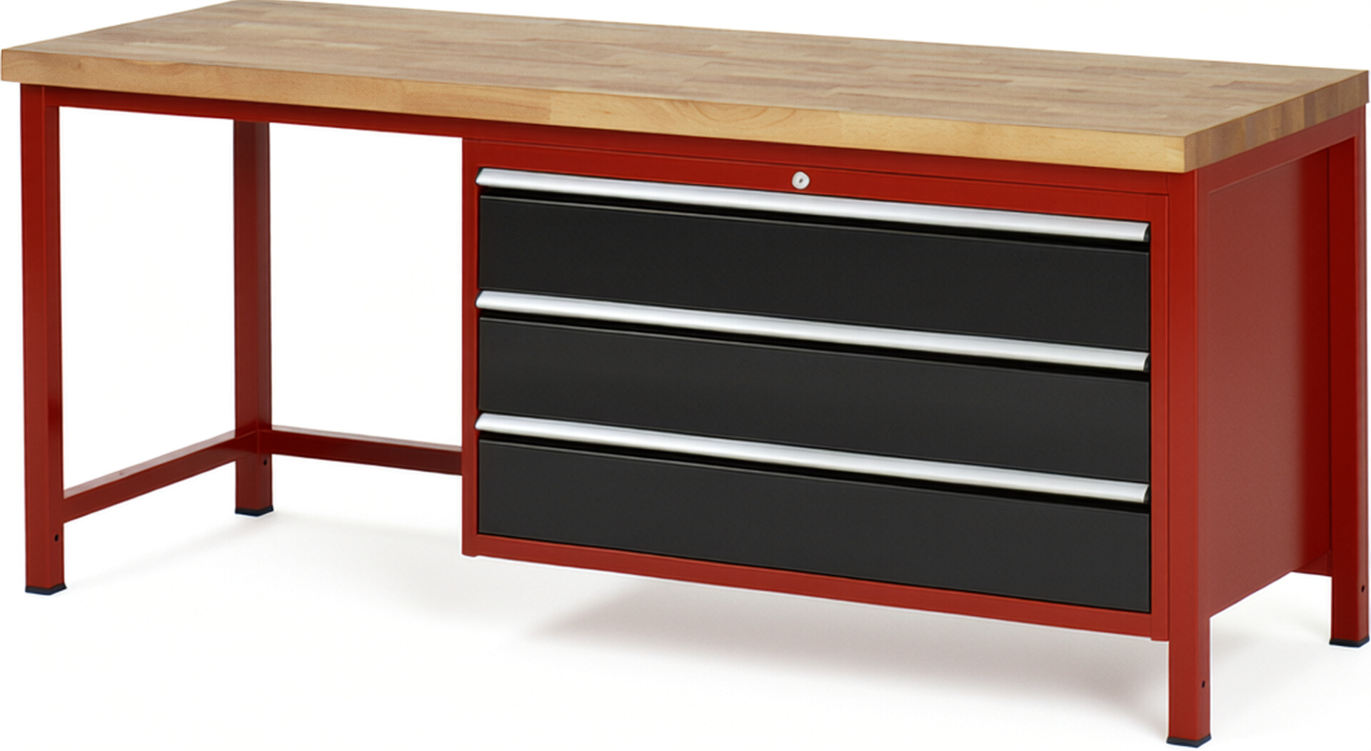 Werkbank Modell 8357 rot - schwarz, BxTxH 2000x700x840-1040 mm,  Buche-Massiv Arbeitsplatte 40 mm,  3 Schubladen mit  Vollauszug 100 % und  SoftClosing