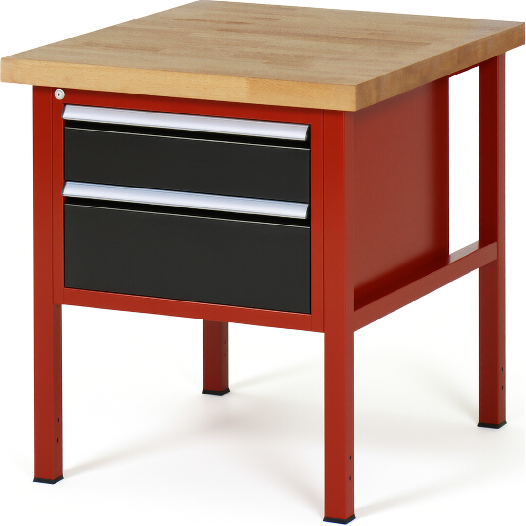 Werkbank Modell 8123 rot - schwarz, BxTxH 750x900x840-1040 mm,  Buche-Massiv Arbeitsplatte 40 mm,  2 Schubladen mit  Vollauszug 100 % und  SoftClosing