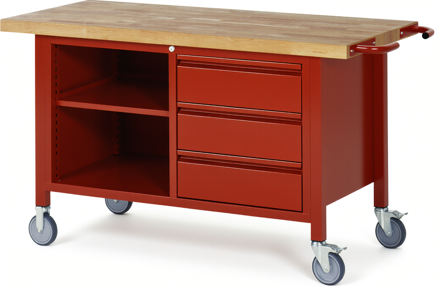 Fahrbare Werkbank - Modell 8462 BASIC rot, BxTxH 1500x700x880 mm,  Buche-Massiv Arbeitsplatte 40 mm,  3 Schubladen mit  Auszug 90 %