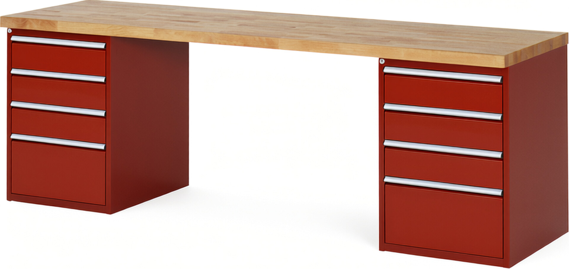 RAU Werkbank rot - Breite 250 cm - Tiefe 70 cm - Höhe 89 cm - Buche-Massiv Arbeitsplatte 40 mm