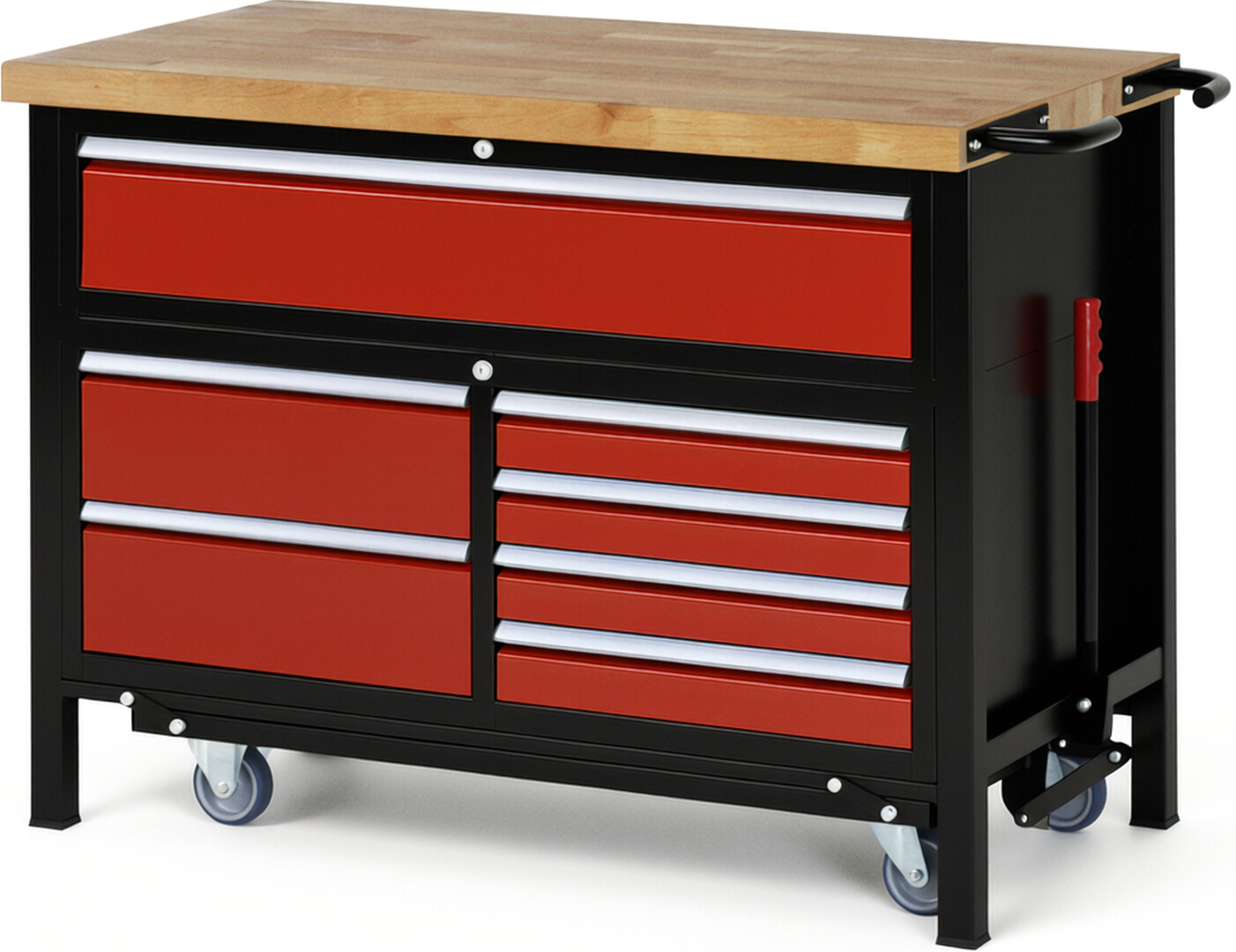 RAU Werkbank schwarz - rot - Breite 125 cm - Tiefe 70 cm - Höhe 92 cm - Buche-Massiv Arbeitsplatte 40 mm