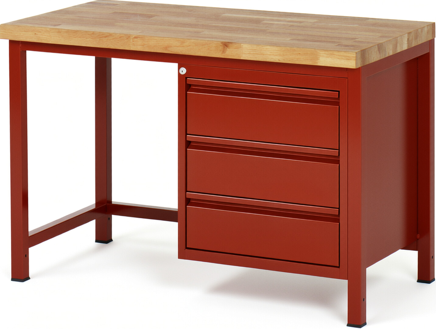 Werkbank rot, BxTxH 1250x700x840-1040 mm, Platte Buche 40 mm, 6 Schubladen: 3x90 mm, 3x150 mm, RAL 3000/3000