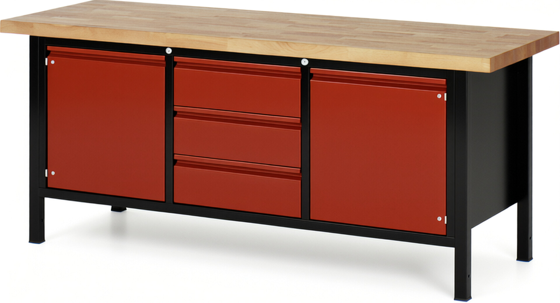 Werkbank schwarz - rot, Breite 200 cm, Tiefe 70 cm, Höhe 84 cm, 3 Schublade(n), Platte: Buche-Massiv-Arbeitsplatte