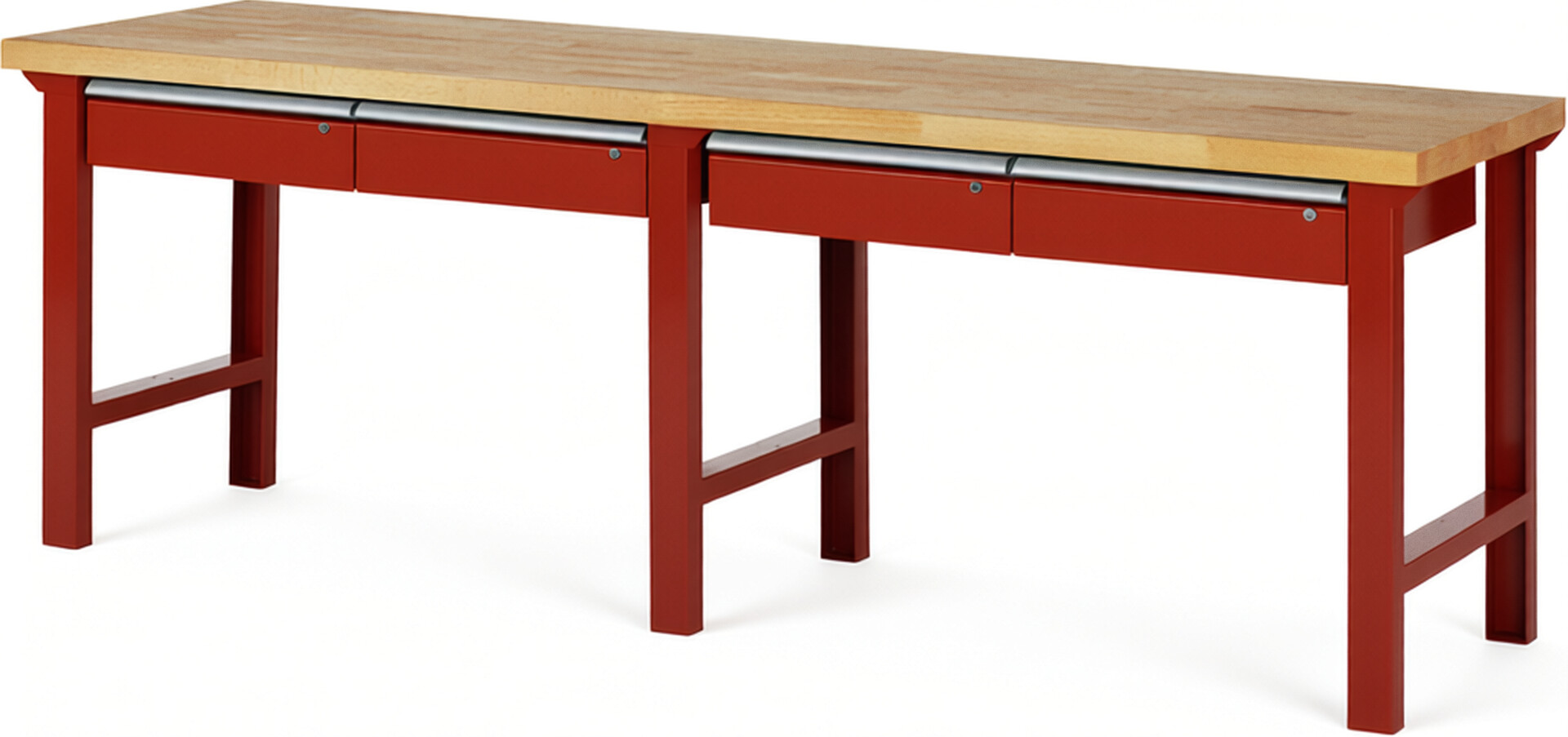 Werkbank Modell 7002 rot, BxTxH 2500x700x840 mm,  Buche-Massiv Arbeitsplatte 40 mm,  4 Schubladen mit  Auszug 90 %