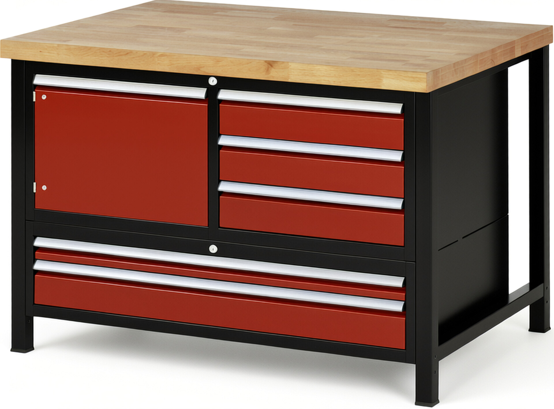 RAU Werkbank schwarz - rot - Breite 125 cm - Tiefe 90 cm - Höhe 104 cm - Buche-Massiv Arbeitsplatte 40 mm