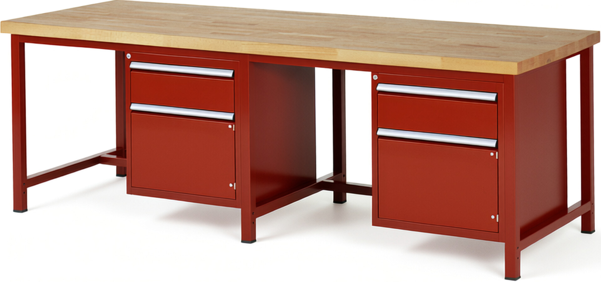 Werkbank Modell 8152 rot, BxTxH 2500x900x840-1040 mm,  Buche-Massiv Arbeitsplatte 40 mm,  2 Schubladen mit  Auszug 90 %