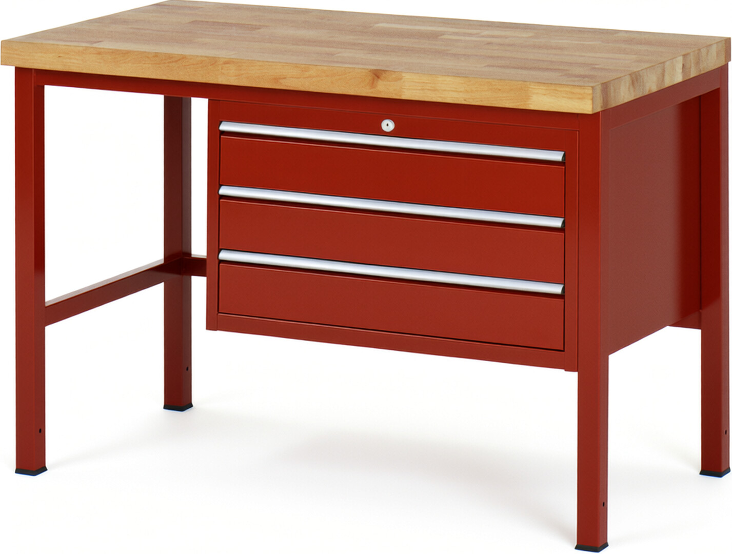 Werkbank Modell 8227 rot, BxTxH 1250x700x840 mm,  Buche-Massiv Arbeitsplatte 40 mm,  3 Schubladen mit  Vollauszug 100 % und  SoftClosing
