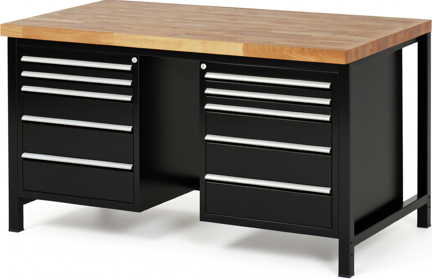 RAU Werkbank schwarz - Breite 150 cm - Tiefe 90 cm - Höhe 104 cm - Buche-Massiv Arbeitsplatte 40 mm