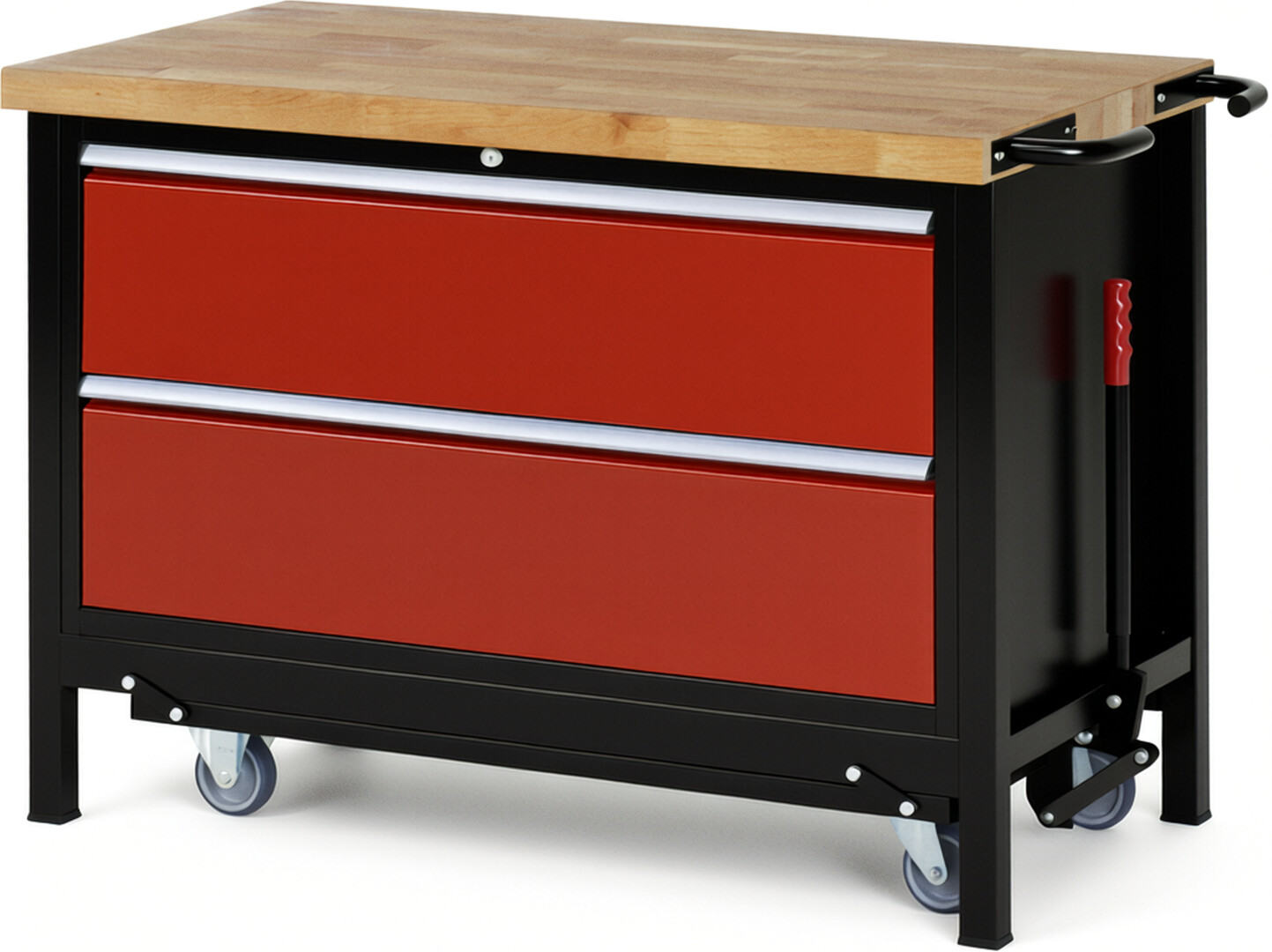 RAU Werkbank schwarz - rot - Breite 125 cm - Tiefe 70 cm - Höhe 88 cm - Buche-Massiv Arbeitsplatte 40 mm