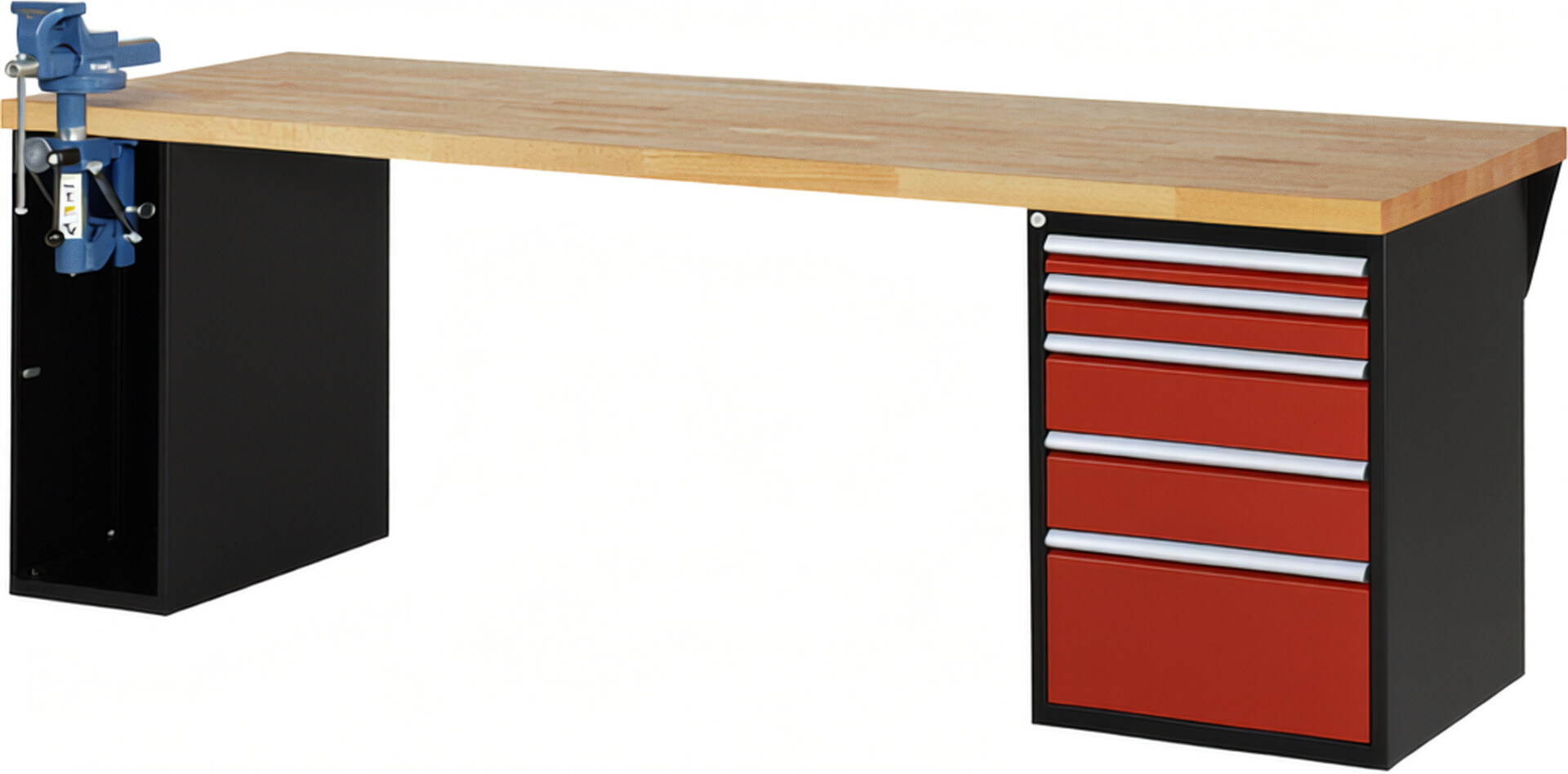 RAU Werkbank schwarz - rot - Breite 250 cm - Tiefe 90 cm - Höhe 89 cm - Buche-Massiv Arbeitsplatte 40 mm