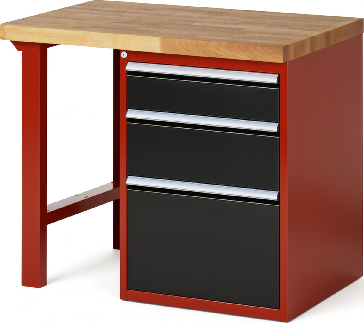 Werkbank Modell 7508 rot - schwarz, BxTxH 1000x700x890 mm,  Buche-Massiv Arbeitsplatte 40 mm,  3 Schubladen mit  Auszug 90 %