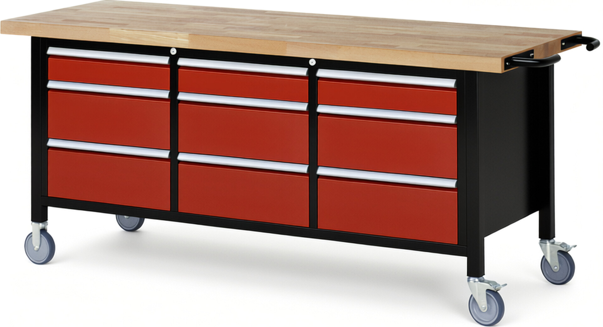 RAU Werkbank schwarz - rot - Breite 200 cm - Tiefe 70 cm - Höhe 108 cm - Buche-Massiv Arbeitsplatte 40 mm