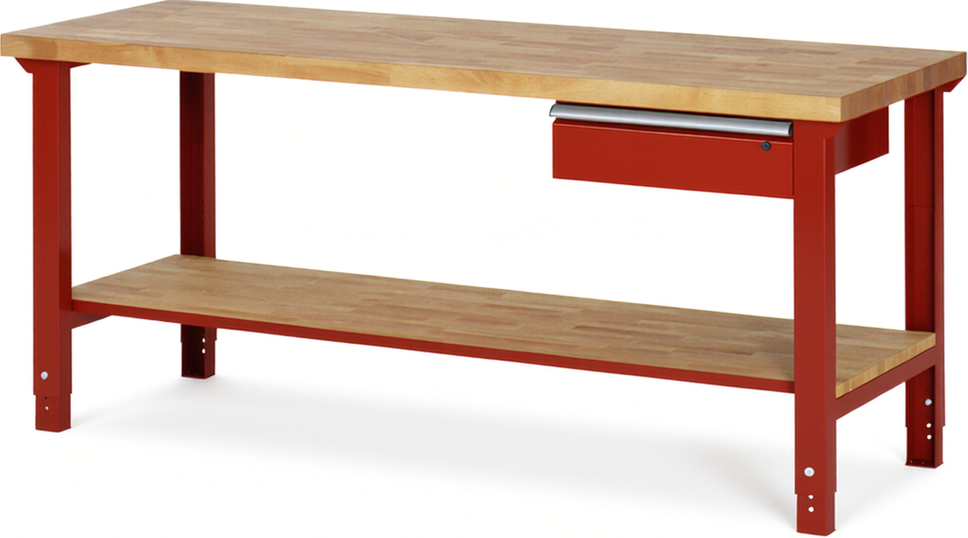 Werkbank Modell 7001 rot, BxTxH 2000x700x790-1140 mm,  Buche-Massiv Arbeitsplatte 40 mm,  1 Schublade mit  Auszug 90 %