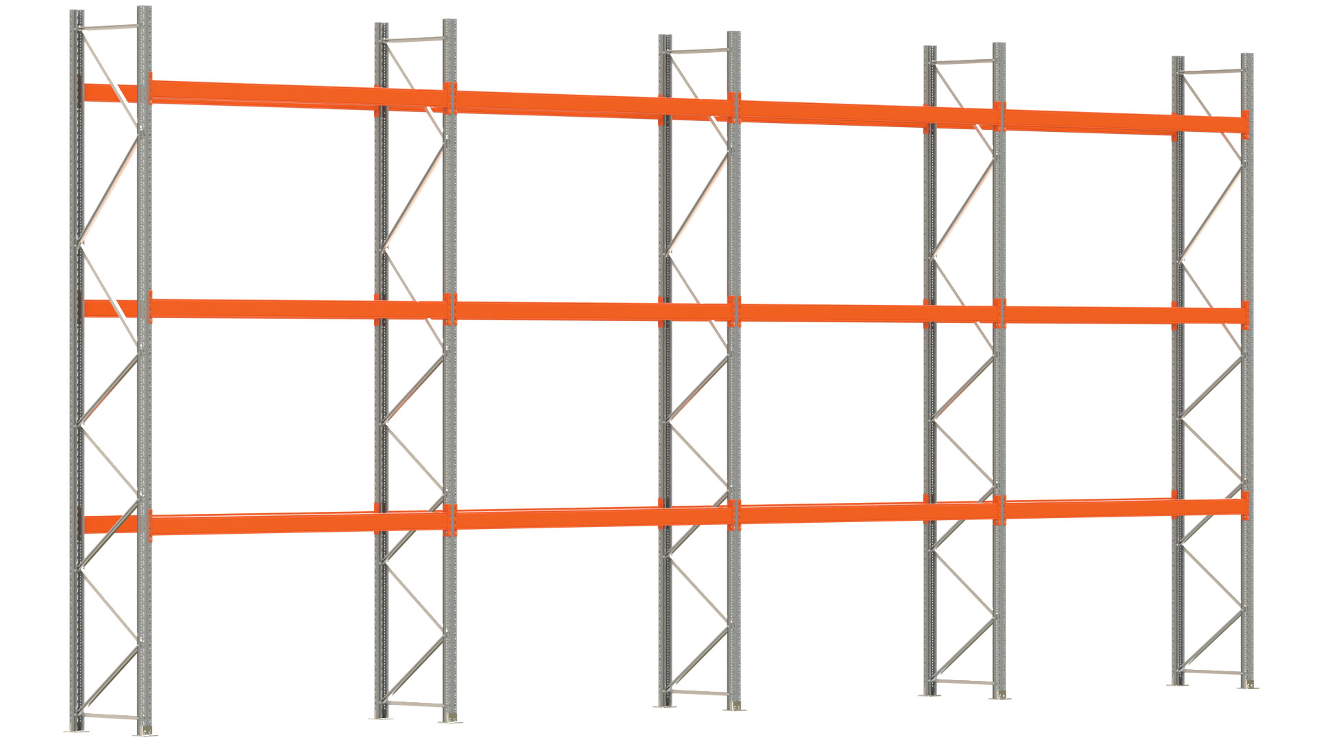 Palettenregal ARTUS - Breite 1122,5 cm - Höhe 500 cm - Tiefe 80 cm - 3 Träger-Ebenen - max. Fachlast 3000 kg - 32 Palettenstellplätze
