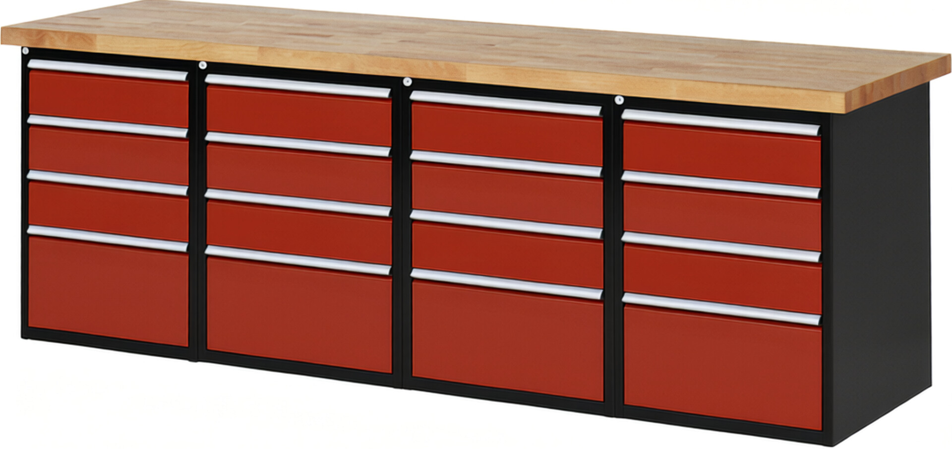 RAU Werkbank schwarz - rot - Breite 250 cm - Tiefe 90 cm - Höhe 89 cm - Buche-Massiv Arbeitsplatte 40 mm