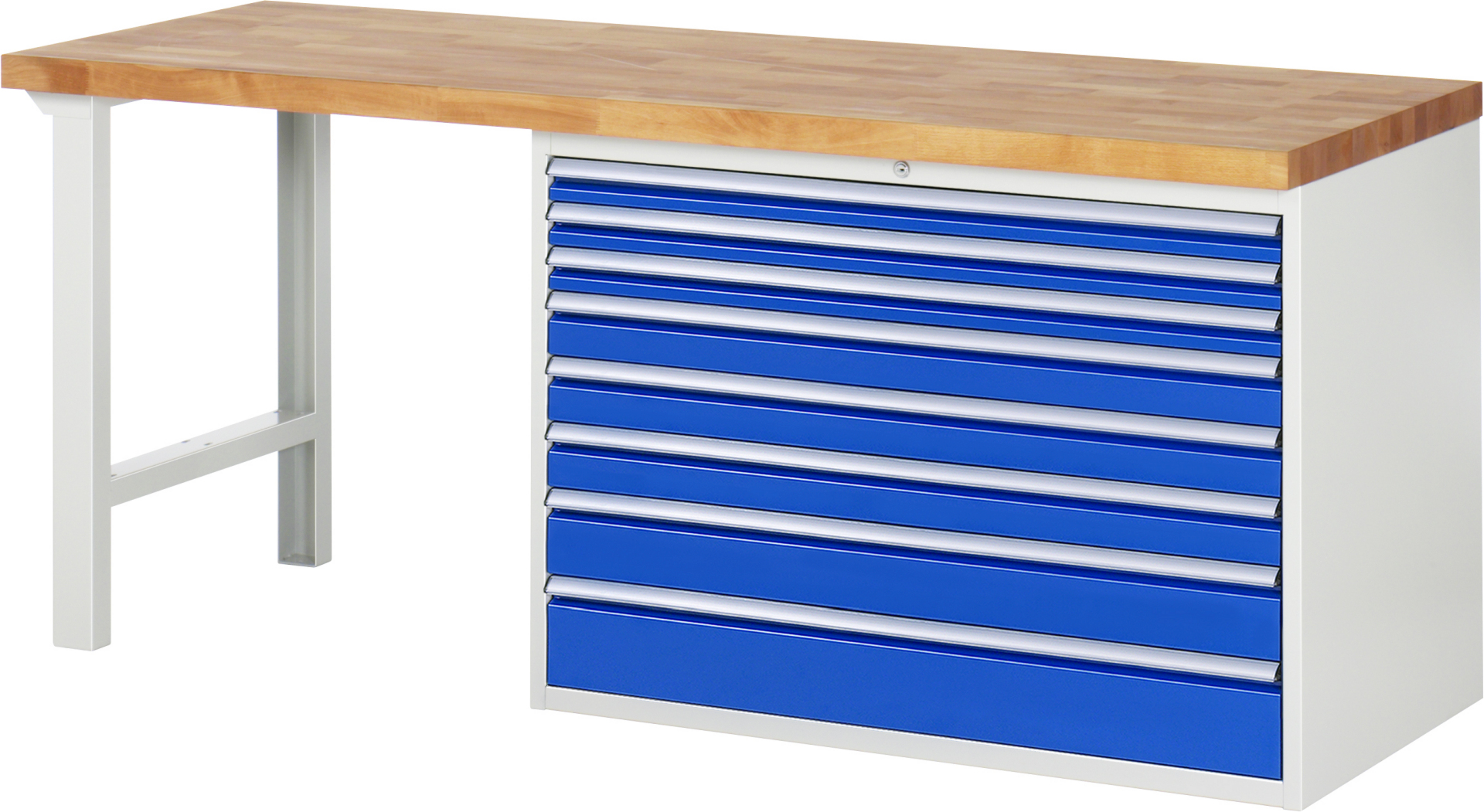 Werkbank Modell 7719 rot - schwarz, BxTxH 2000x700x890 mm,  Buche-Massiv Arbeitsplatte 40 mm,  8 Schubladen mit  Vollauszug 100 % und  SoftClosing