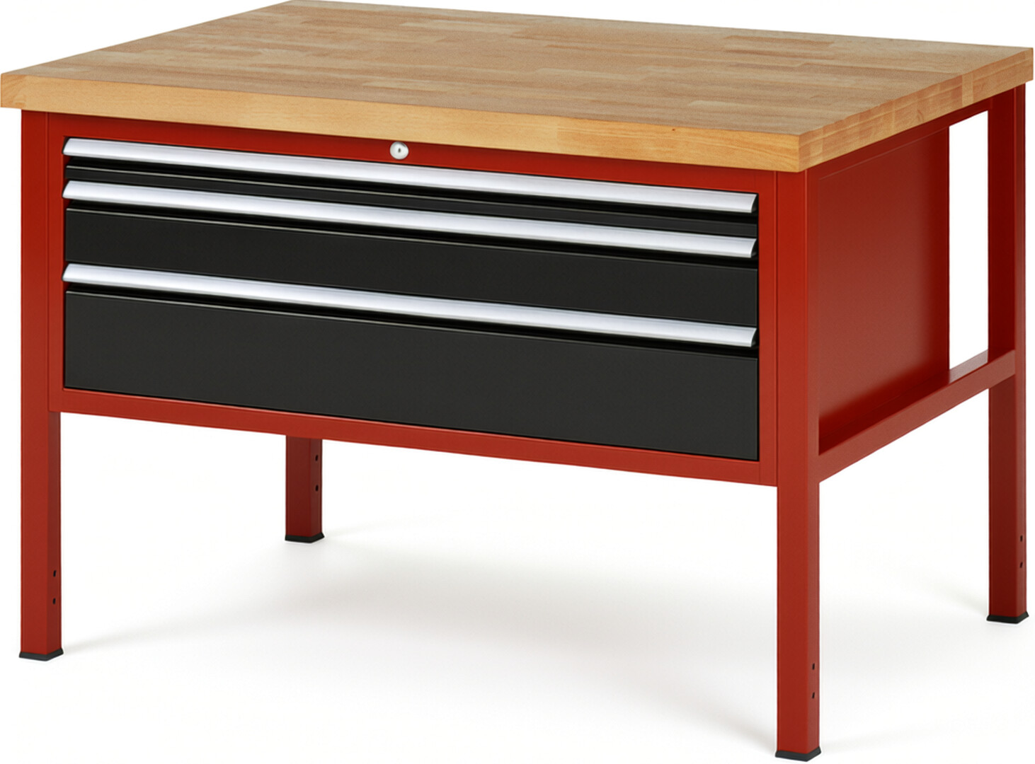 Werkbank Modell 8326 rot - schwarz, BxTxH 1250x900x840 mm,  Buche-Massiv Arbeitsplatte 40 mm,  3 Schubladen mit  Vollauszug 100 % und  SoftClosing