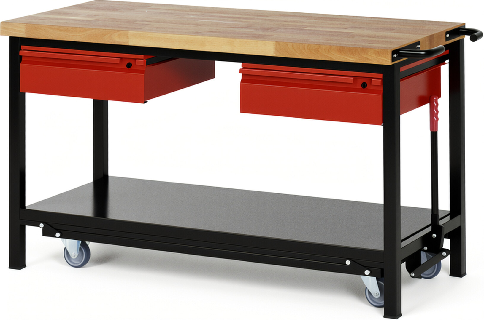 Absenkbare Werkbank - Modell 8002 BASIC schwarz-rot, BxTxH 1500x700x880 mm,  Buche-Massiv Arbeitsplatte 40 mm,  2 Schubladen mit  Auszug 90 %