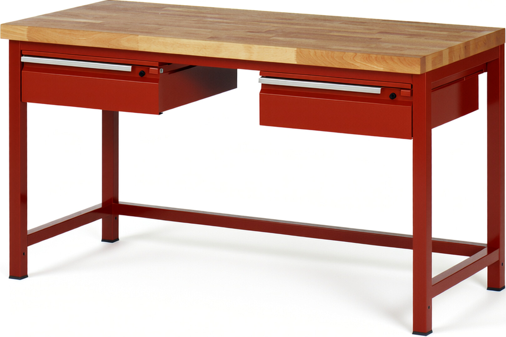 Werkbank - Modell 8002 BASIC rot, BxTxH 1500x700x840 mm,  Buche-Massiv Arbeitsplatte 40 mm,  2 Schubladen mit  Auszug 90 %