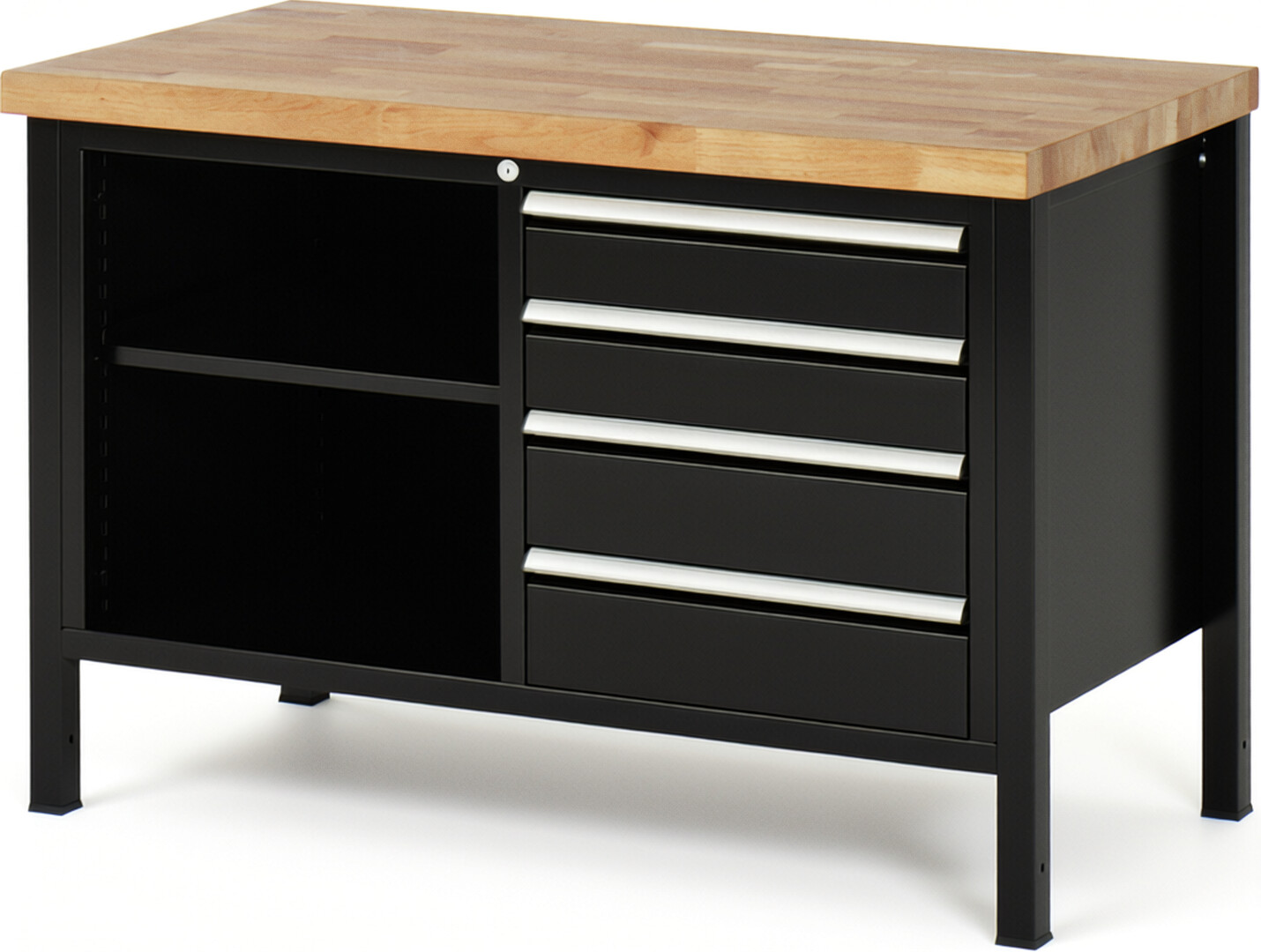 Werkbank Modell 8463 schwarz, BxTxH 1250x700x840-1040 mm,  Buche-Massiv Arbeitsplatte 40 mm,  4 Schubladen mit  Auszug 90 %