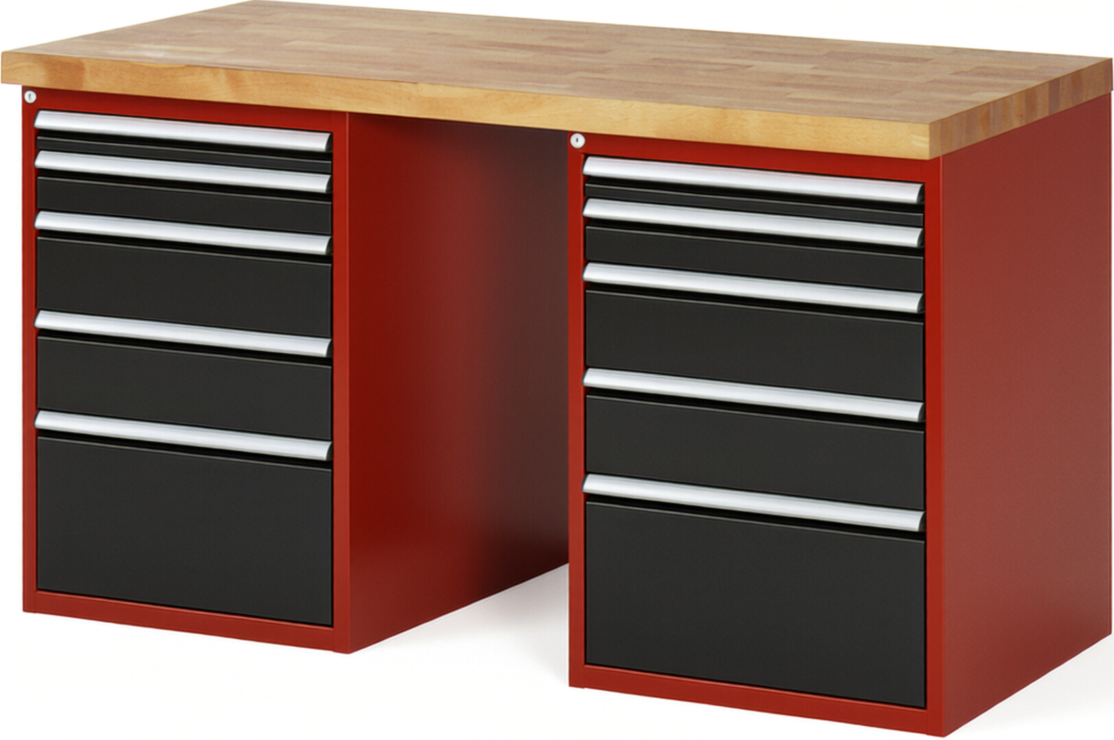 Werkbank Modell 7511 rot - schwarz, BxTxH 1500x700x840 mm,  Buche-Massiv Arbeitsplatte 40 mm,  10 Schubladen mit  Auszug 90 %