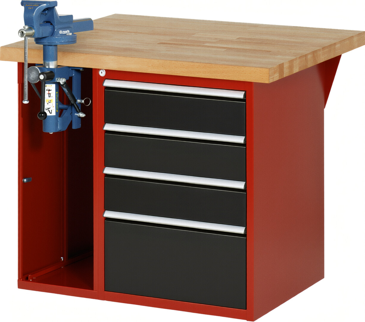Werkbank Modell 7510 rot - schwarz, BxTxH 1000x900x840 mm,  Buche-Massiv Arbeitsplatte 40 mm,  4 Schubladen mit  Auszug 90 %