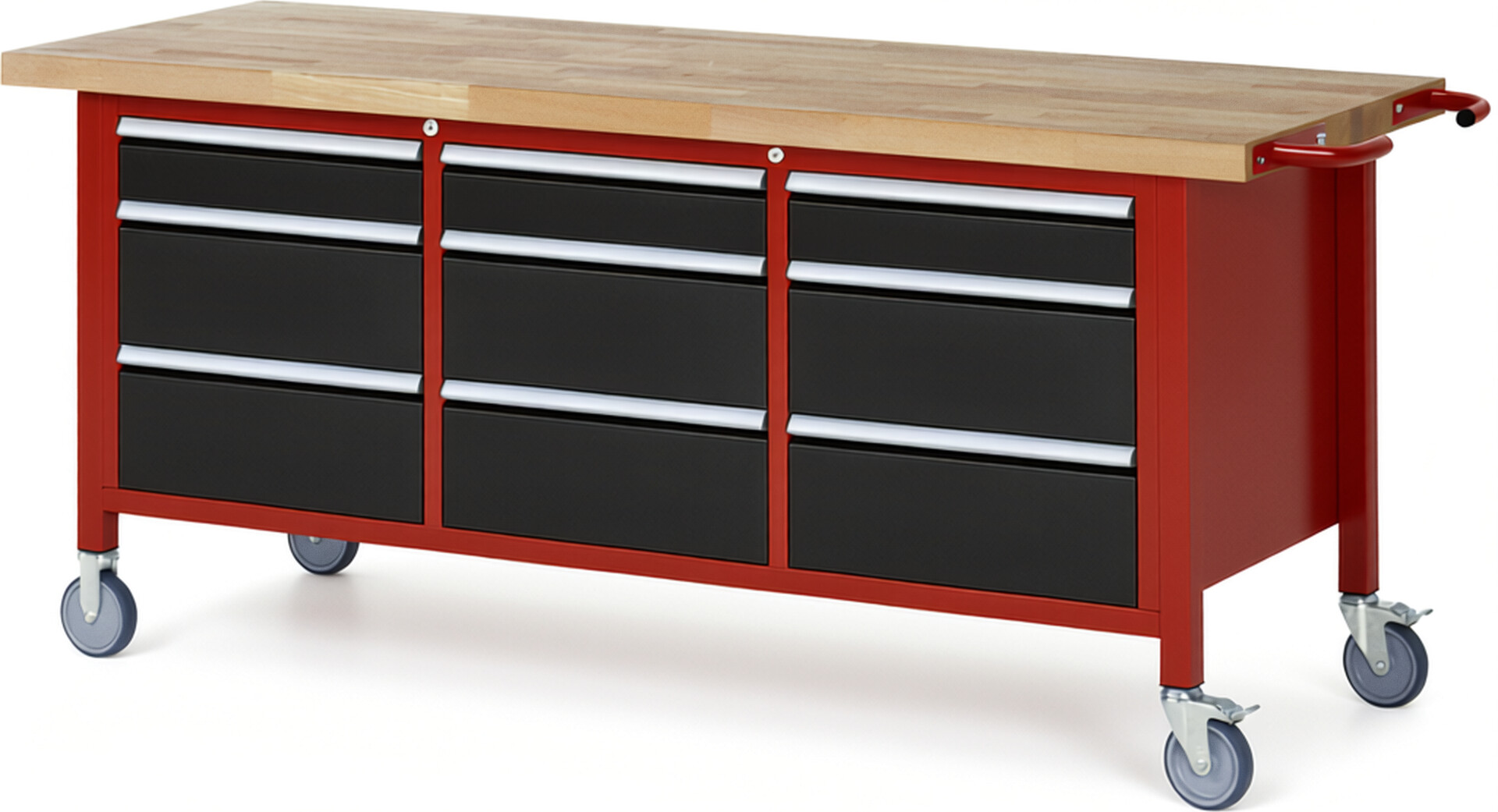 Fahrbare Werkbank Modell 8573 rot - schwarz, BxTxH 2000x700x880 mm,  Buche-Massiv Arbeitsplatte 40 mm,  9 Schubladen mit  Vollauszug 100 % und  SoftClosing