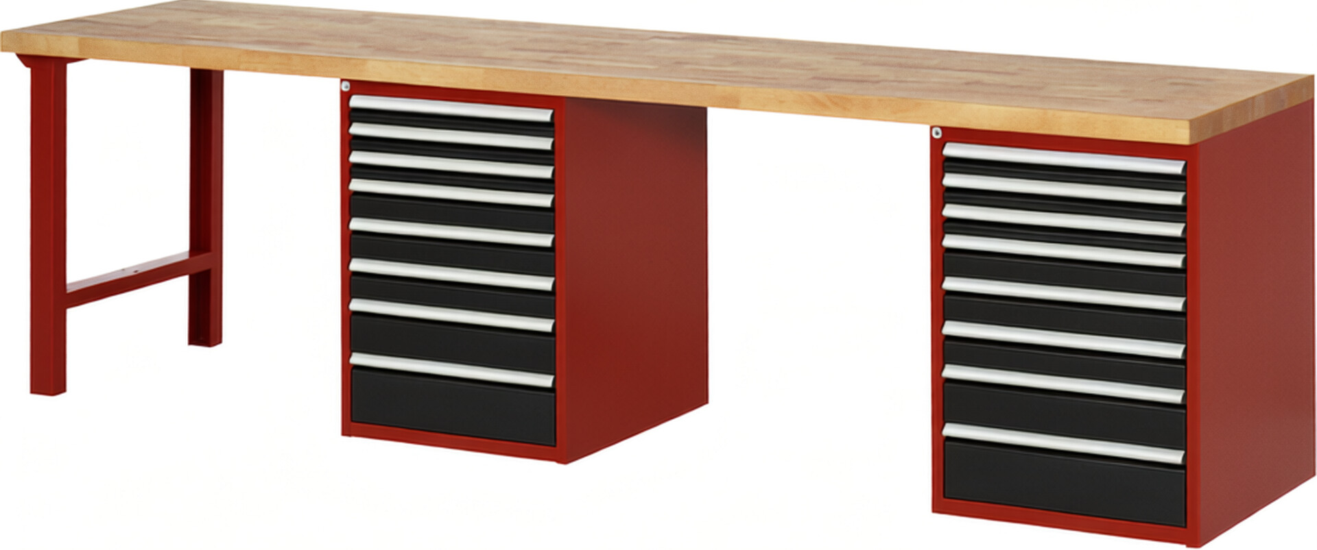 Werkbank Modell 7519 rot - schwarz, BxTxH 3000x700x840 mm,  Buche-Massiv Arbeitsplatte 40 mm,  16 Schubladen mit  Vollauszug 100 % und  SoftClosing