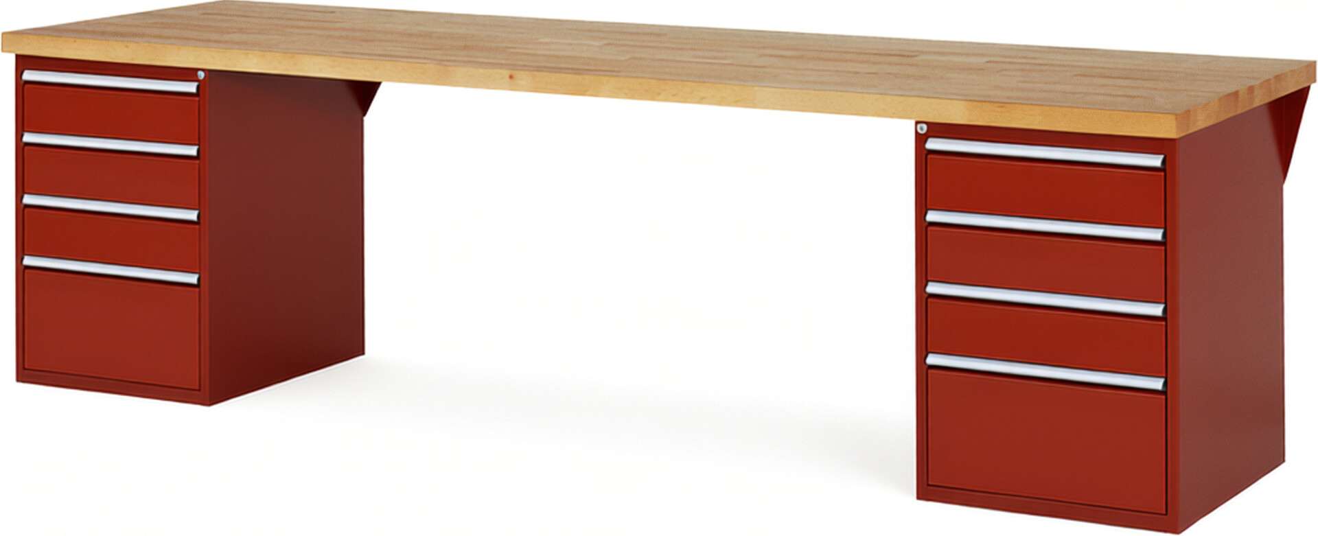 RAU Werkbank rot - Breite 300 cm - Tiefe 90 cm - Höhe 84 cm - Buche-Massiv Arbeitsplatte 40 mm