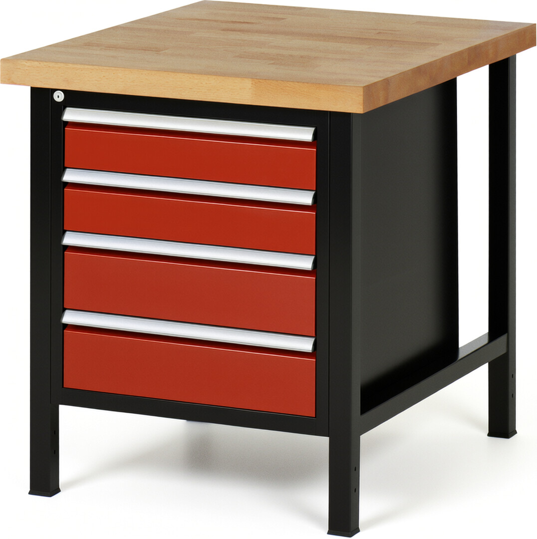 Werkbank Modell 8162 schwarz-rot, BxTxH 750x900x840-1040 mm,  Buche-Massiv Arbeitsplatte 40 mm,  4 Schubladen mit  Vollauszug 100 % und  SoftClosing