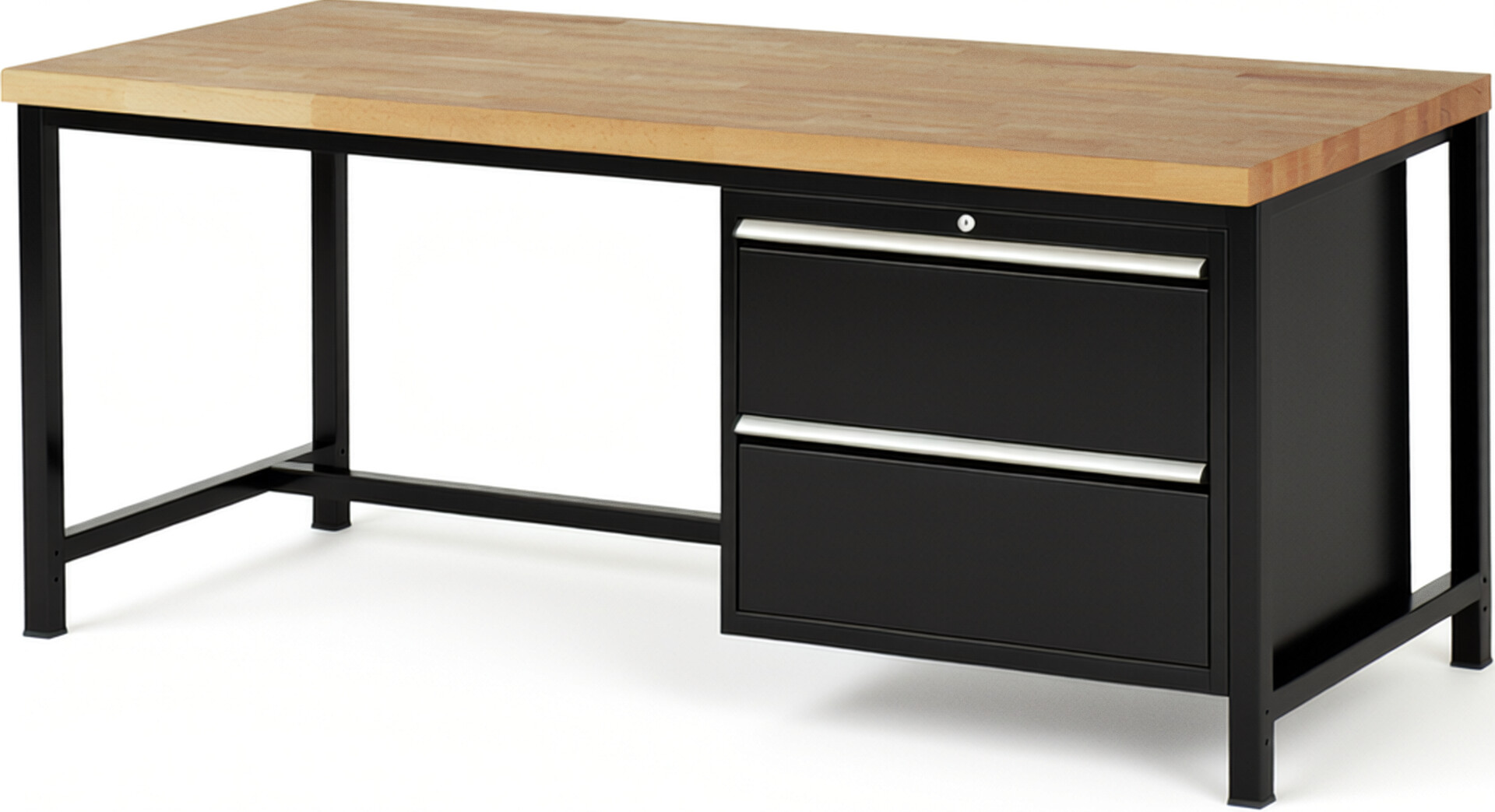 Werkbank Modell 8255 schwarz, BxTxH 2000x900x840 mm,  Buche-Massiv Arbeitsplatte 40 mm,  2 Schubladen mit  Auszug 90 %