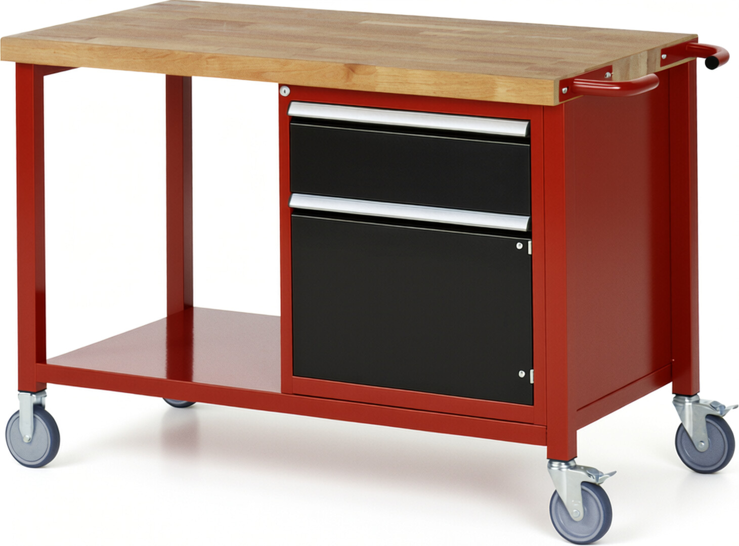 Fahrbare Werkbank Modell 8152 rot - schwarz, BxTxH 1250x700x880 mm,  Buche-Massiv Arbeitsplatte 40 mm,  1 Schublade mit  Vollauszug 100 % und  SoftClosing