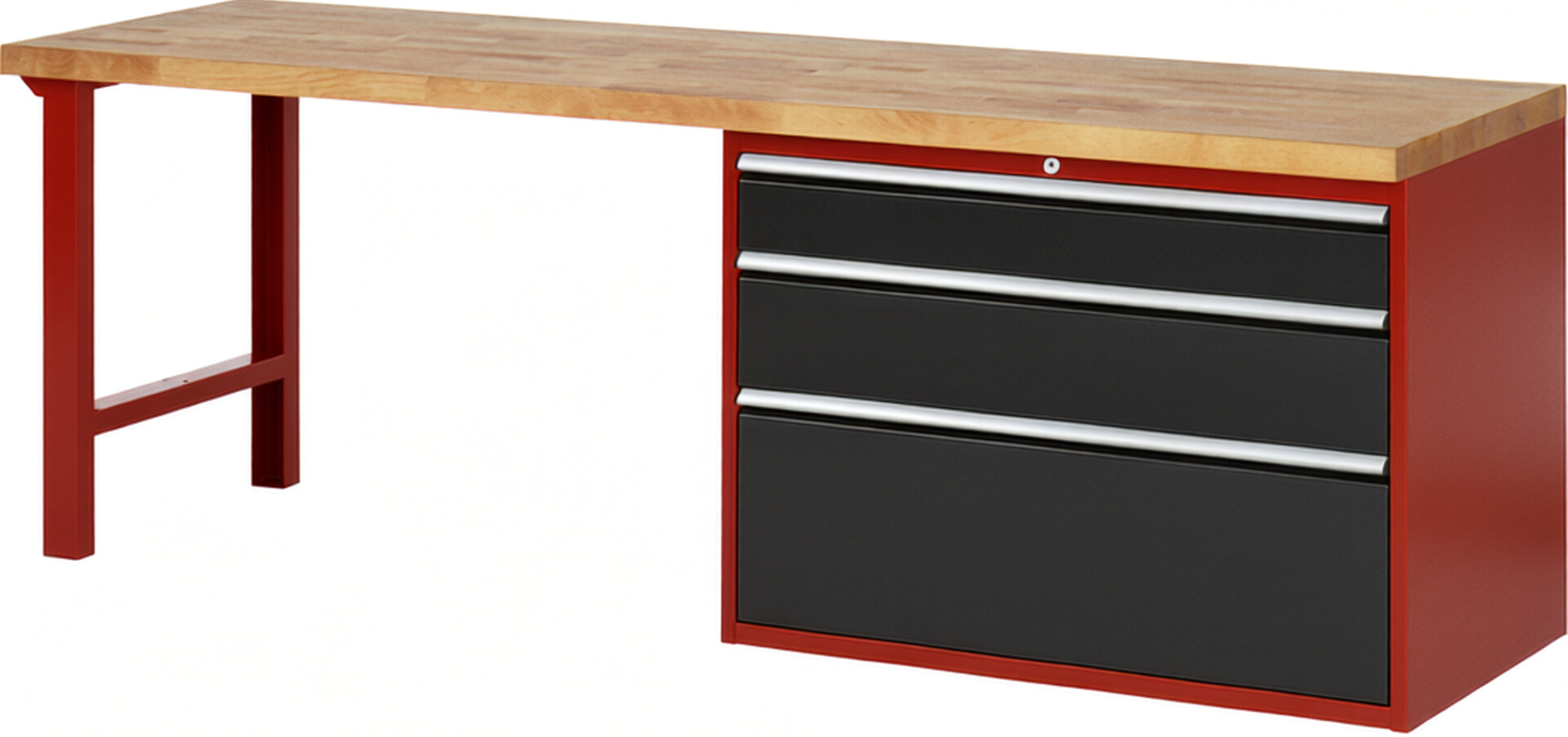 Werkbank Modell 7708 rot - schwarz, BxTxH 2500x700x840 mm,  Buche-Massiv Arbeitsplatte 40 mm,  3 Schubladen mit  Vollauszug 100 % und  SoftClosing