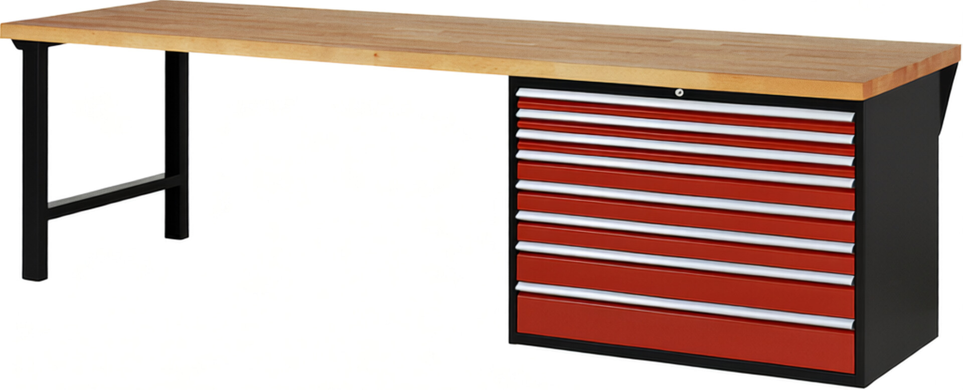 RAU Werkbank schwarz - rot - Breite 300 cm - Tiefe 90 cm - Höhe 89 cm - Buche-Massiv Arbeitsplatte 40 mm