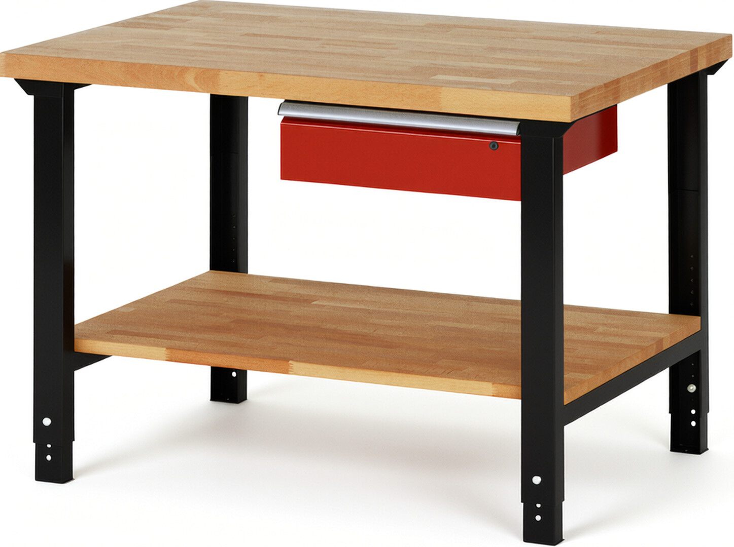 RAU Werkbank schwarz - rot - Breite 125 cm - Tiefe 90 cm - Höhe 114 cm - Buche-Massiv Arbeitsplatte 40 mm