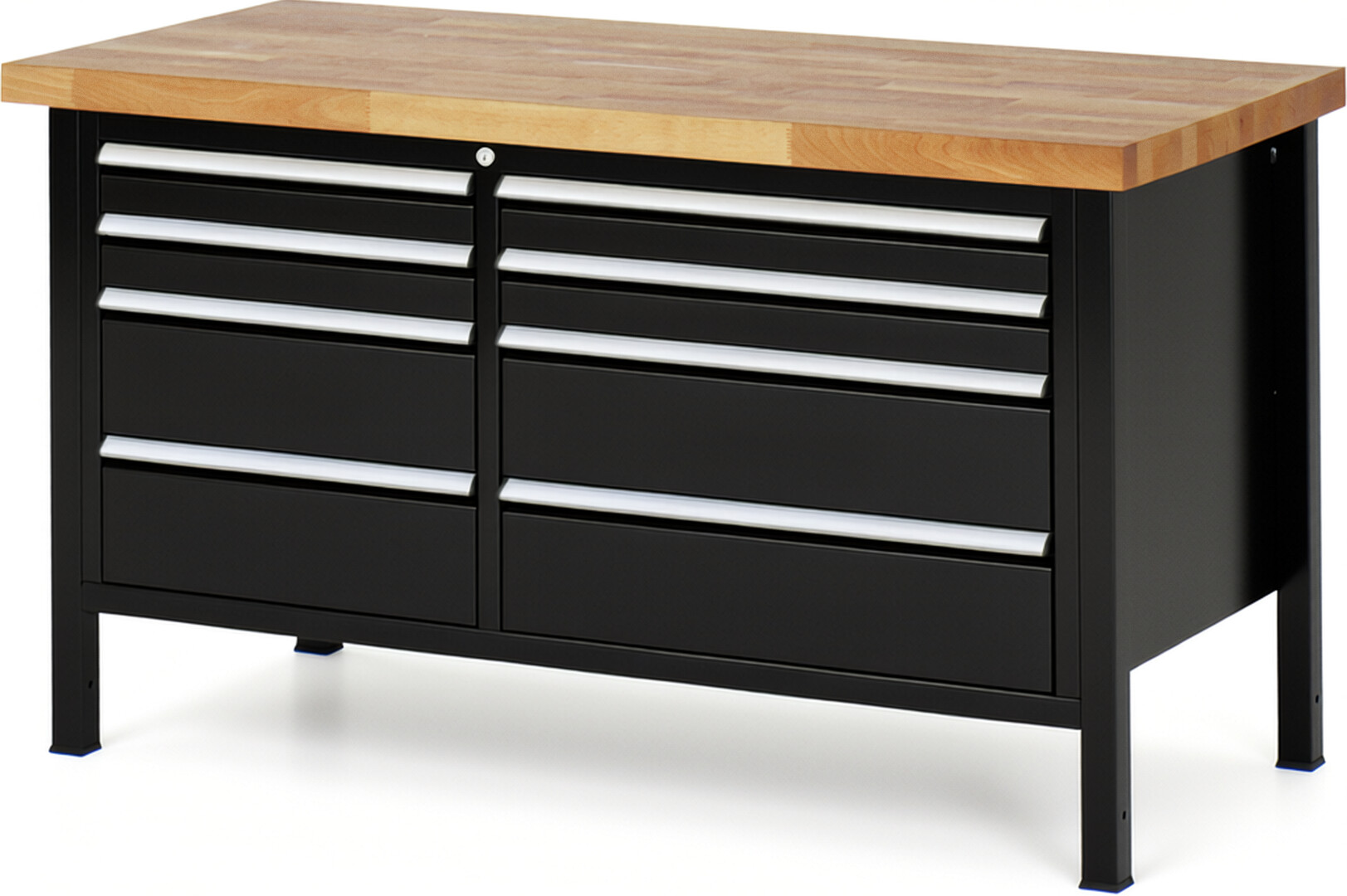 RAU Werkbank schwarz - Breite 150 cm - Tiefe 70 cm - Höhe 84 cm - Buche-Massiv Arbeitsplatte 40 mm