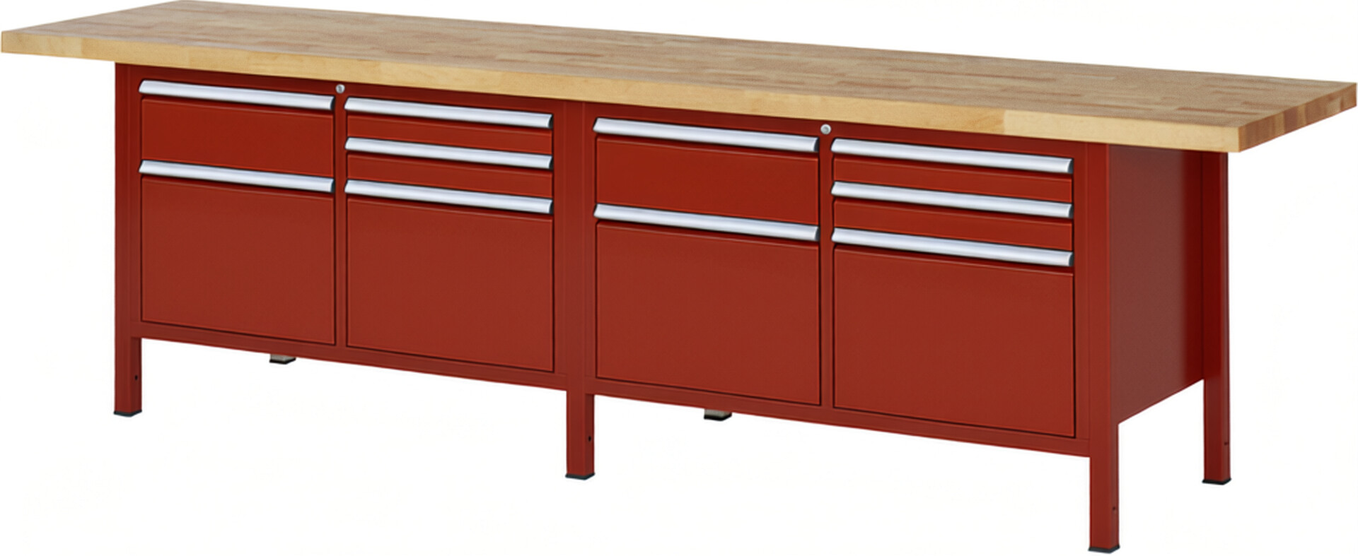Werkbank Modell 8472 rot, BxTxH 3000x700x840 mm,  Buche-Massiv Arbeitsplatte 40 mm,  10 Schubladen mit  Auszug 90 %