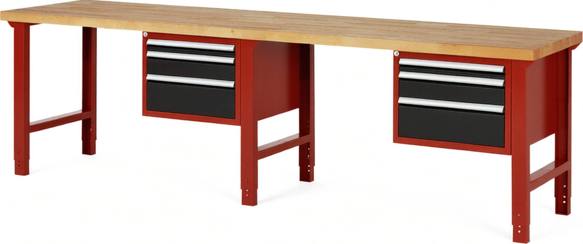Werkbank Modell 7126 rot - schwarz, BxTxH 3000x700x790-1140 mm,  Buche-Massiv Arbeitsplatte 40 mm,  6 Schubladen mit  Auszug 90 %