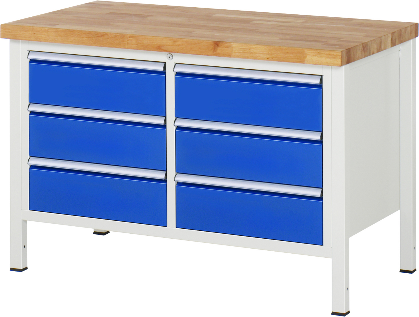 Werkbank Modell 8473 schwarz, BxTxH 1250x700x840-1040 mm,  Buche-Massiv Arbeitsplatte 40 mm,  6 Schubladen mit  Auszug 90 %