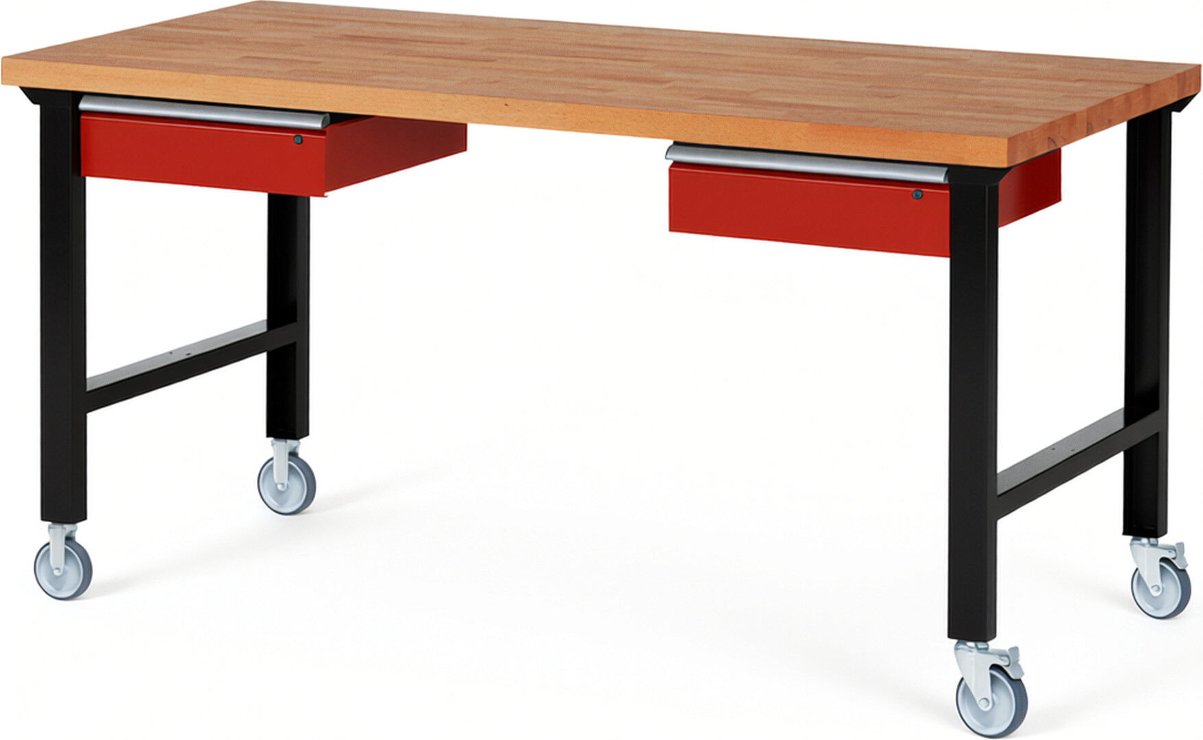 Fahrbare Werkbank Modell 7002 schwarz-rot, BxTxH 2000x900x1000 mm,  Buche-Massiv Arbeitsplatte 40 mm,  2 Schubladen mit  Auszug 90 %