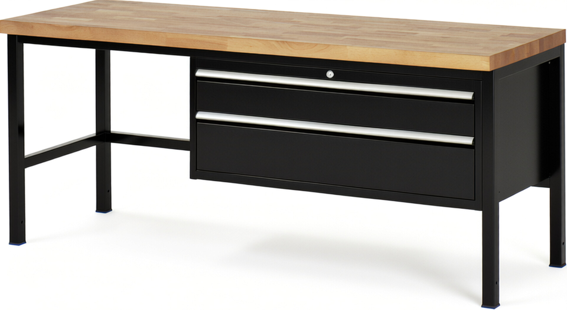 Werkbank Modell 8323 schwarz, BxTxH 2000x700x840-1040 mm,  Buche-Massiv Arbeitsplatte 40 mm,  2 Schubladen mit  Vollauszug 100 % und  SoftClosing