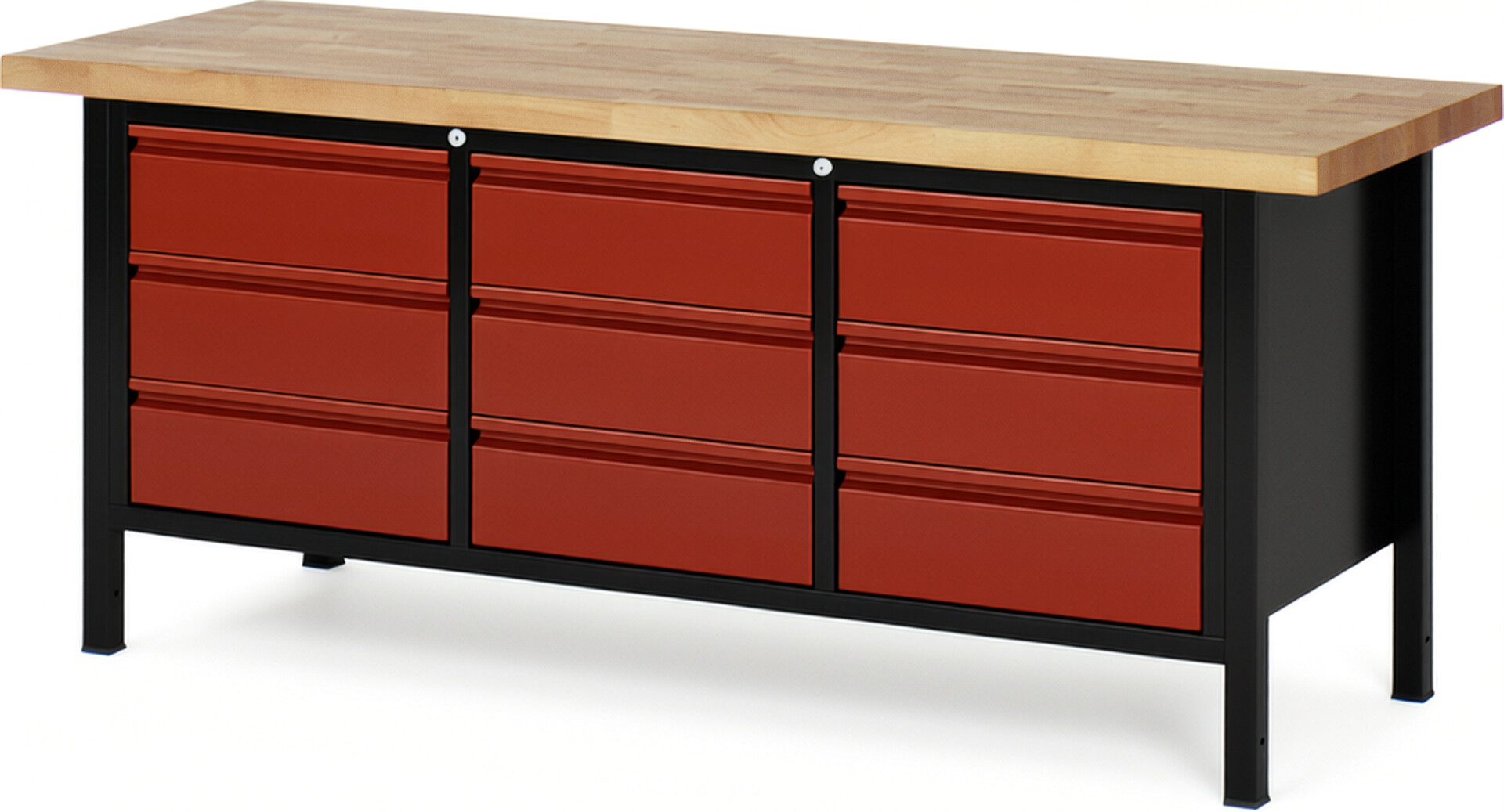 Werkbank schwarz - rot, Breite 200 cm, Tiefe 70 cm, Höhe 104 cm, 9 Schublade(n), Platte: Buche-Massiv-Arbeitsplatte