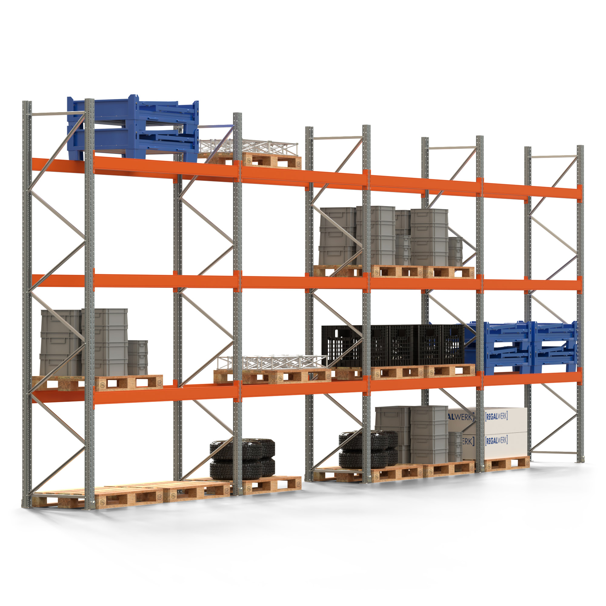 Palettenregal ARTUS - Breite 1122,5 cm - Höhe 400 cm - Tiefe 80 cm - 3 Träger-Ebenen - Fachlast 2910 kg - 32 Palettenstellplätze