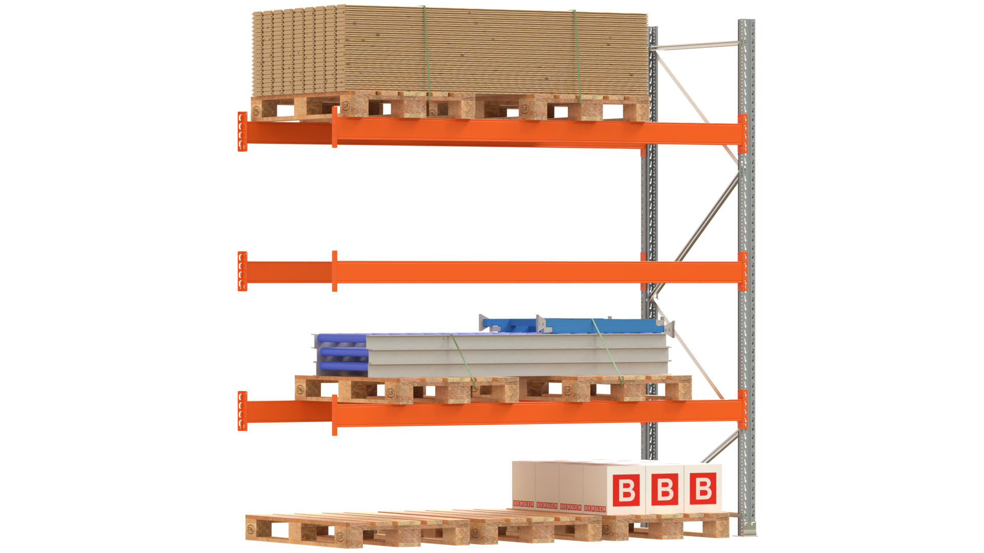 Palettenregal ARTUS - Anbaufeld - Breite 278,5 cm - Höhe 300 cm - Tiefe 110 cm - 3 Träger Ebenen