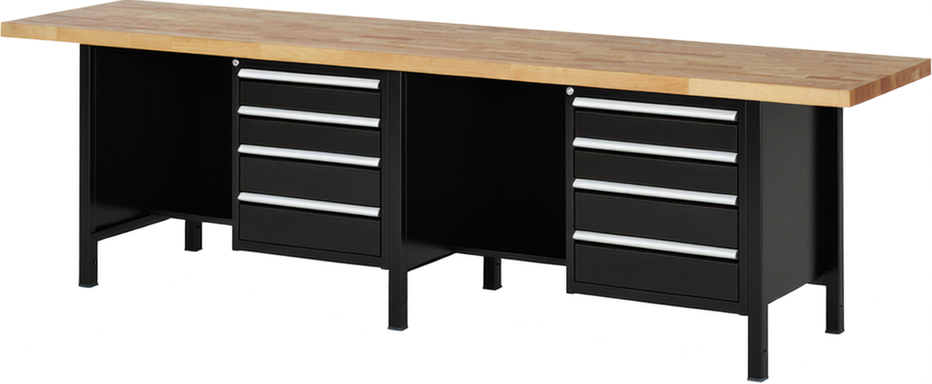 Werkbank Modell 8453 schwarz, BxTxH 3000x700x840-1040 mm,  Buche-Massiv Arbeitsplatte 40 mm,  8 Schubladen mit  Auszug 90 %