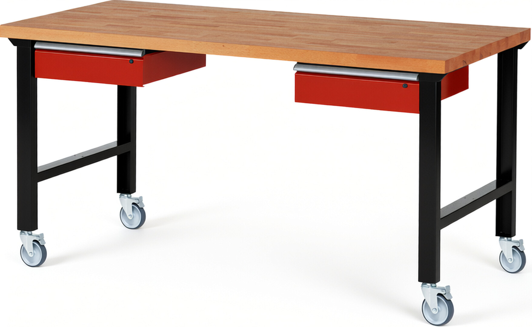 Fahrbare Werkbank Modell 7002 schwarz-rot, BxTxH 2000x900x1000 mm,  Buche-Massiv Arbeitsplatte 40 mm,  2 Schubladen mit  Auszug 90 %