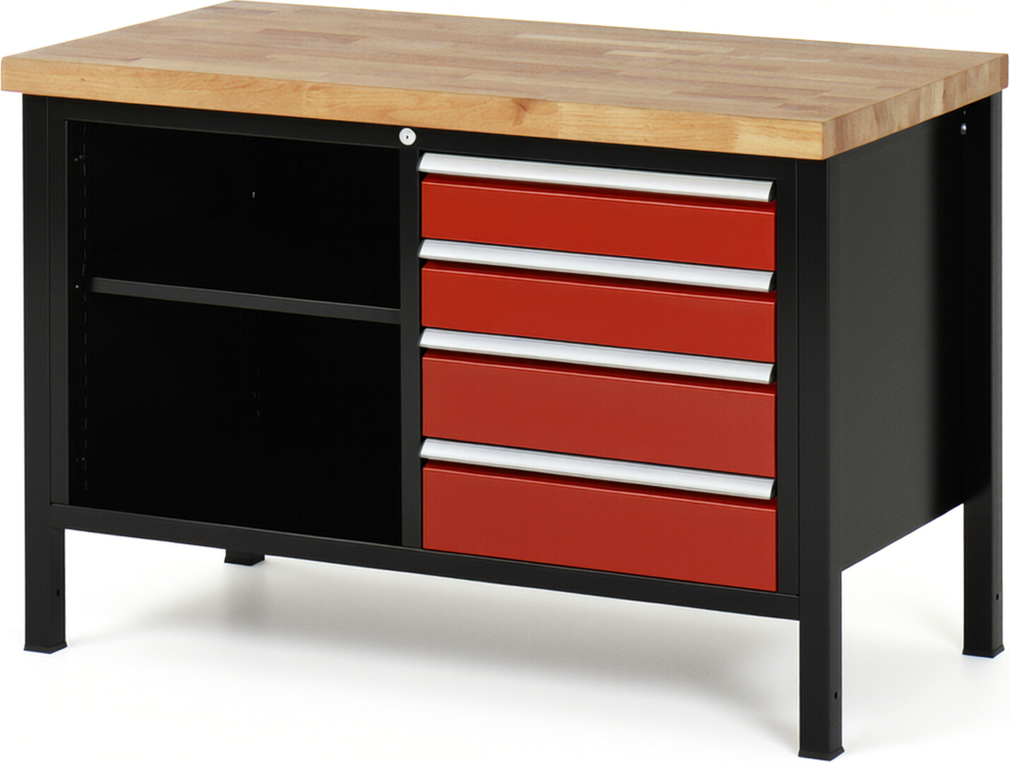 RAU Werkbank schwarz - rot - Breite 125 cm - Tiefe 70 cm - Höhe 104 cm - Buche-Massiv Arbeitsplatte 40 mm