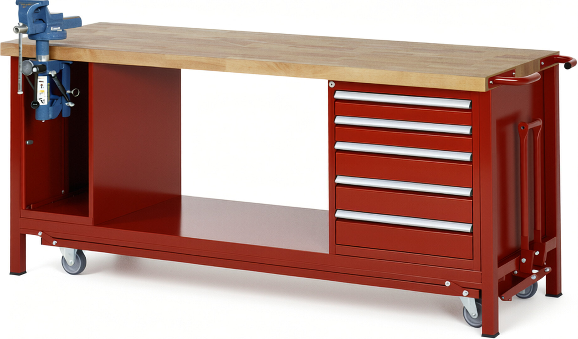 Absenkbare Werkbank Modell 8187 rot, BxTxH 2000x700x880 mm,  Buche-Massiv Arbeitsplatte 40 mm,  5 Schubladen mit  Auszug 90 %