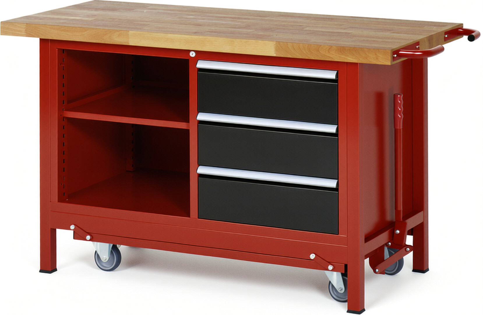 Absenkbare Werkbank Modell 8462 rot - schwarz, BxTxH 1500x700x880 mm,  Buche-Massiv Arbeitsplatte 40 mm,  3 Schubladen mit  Vollauszug 100 % und  SoftClosing
