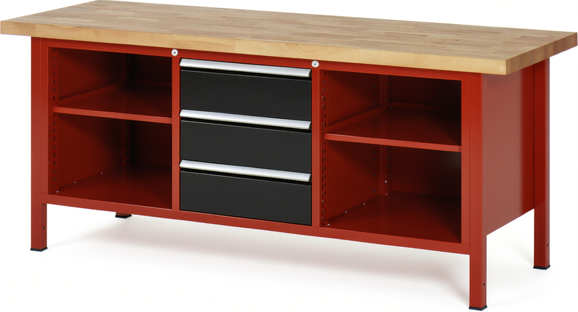 RAU Werkbank rot - schwarz - Breite 200 cm - Tiefe 70 cm - Höhe 104 cm - Buche-Massiv Arbeitsplatte 40 mm